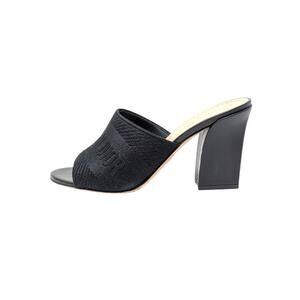 Christian Dior Dway Heeled Slide Mule Sandals Black Cotton Embroidered 37.5